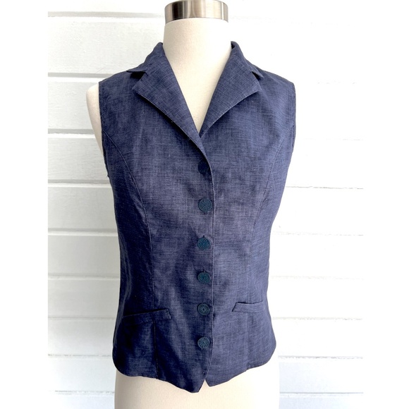 ANNE FONTAINE 'Alika' Dark Indigo Blue Linen Button Vest Top - 36/S